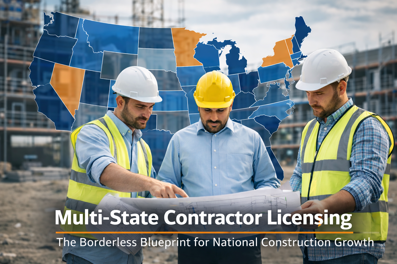 Construction professionals reviewing blueprints at a job site with a U.S. map behind them illustrating multi-state contractor licensing and nationwide construction expansion.