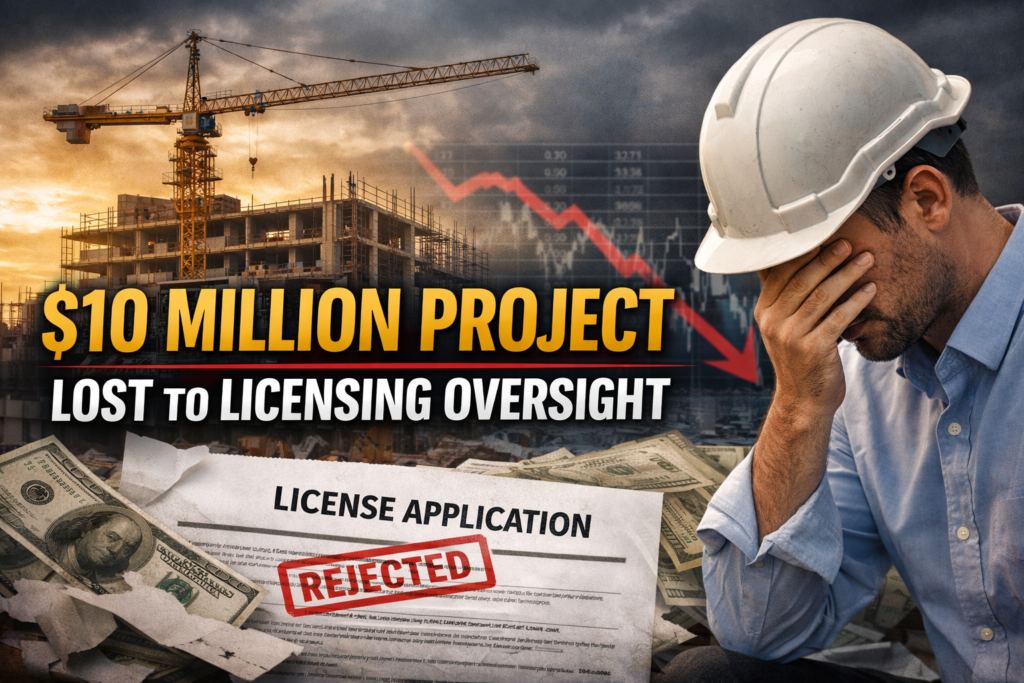 “Headline over construction site and rejected license document.