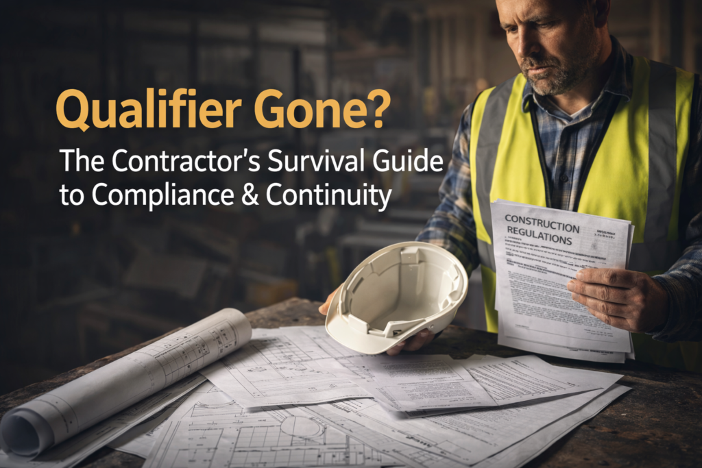Construction contractor reviewing compliance documents and blueprints after losing a licensed qualifier, representing licensing continuity and contractor compliance.