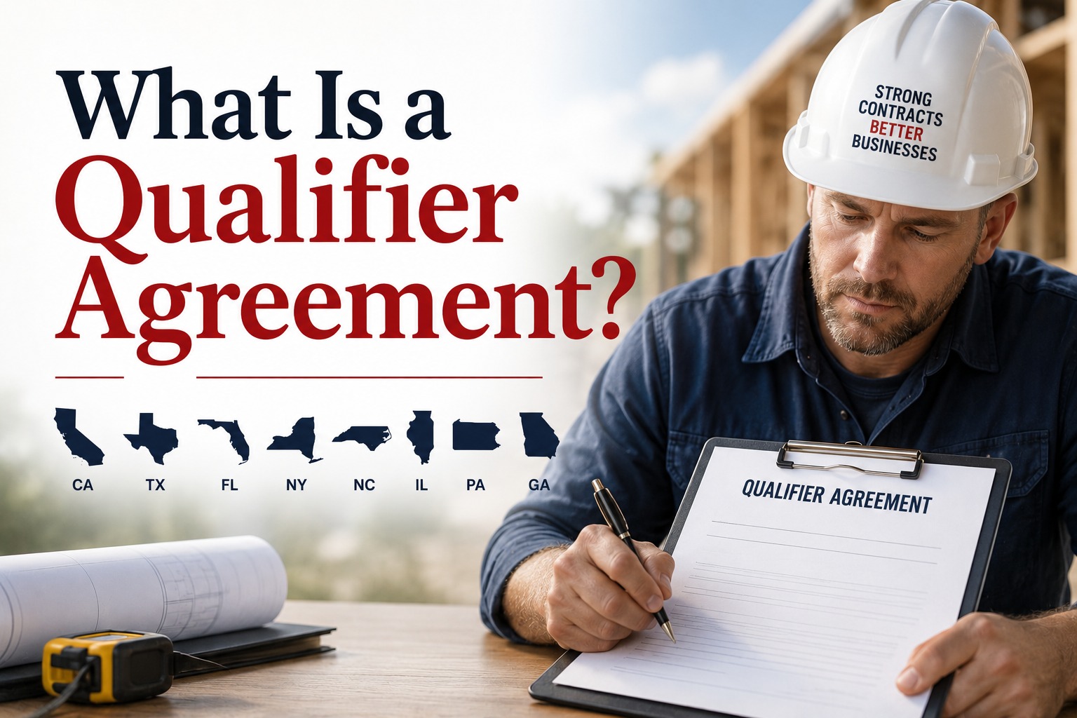 What is a qualifier agreement for contractor licensing in CA TX FL NY IL PA