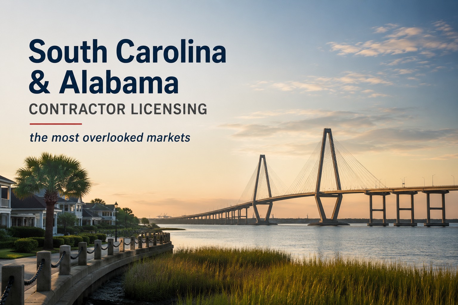 South Carolina and Alabama contractor licensing guide with Charleston bridge skyline