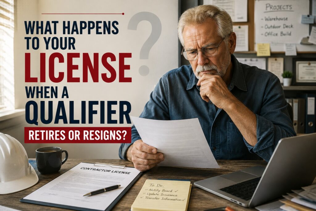 Contractor reviewing documents at a desk, illustrating what happens to a licence when a qualifier retires or resigns
