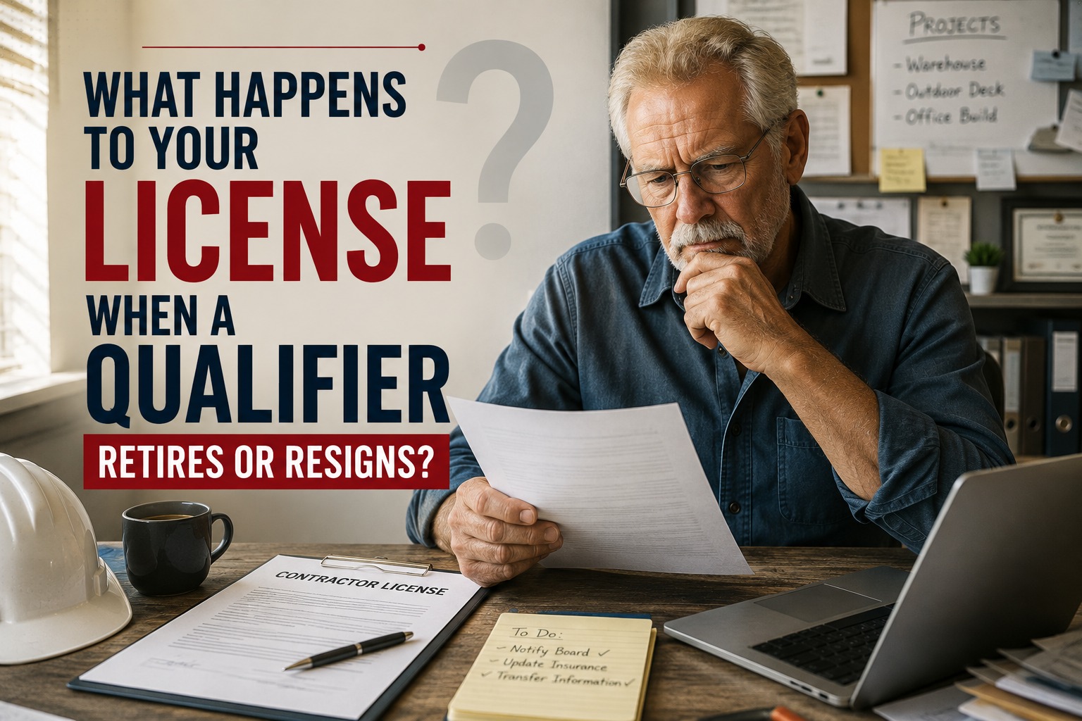 Contractor reviewing documents at a desk, illustrating what happens to a licence when a qualifier retires or resigns