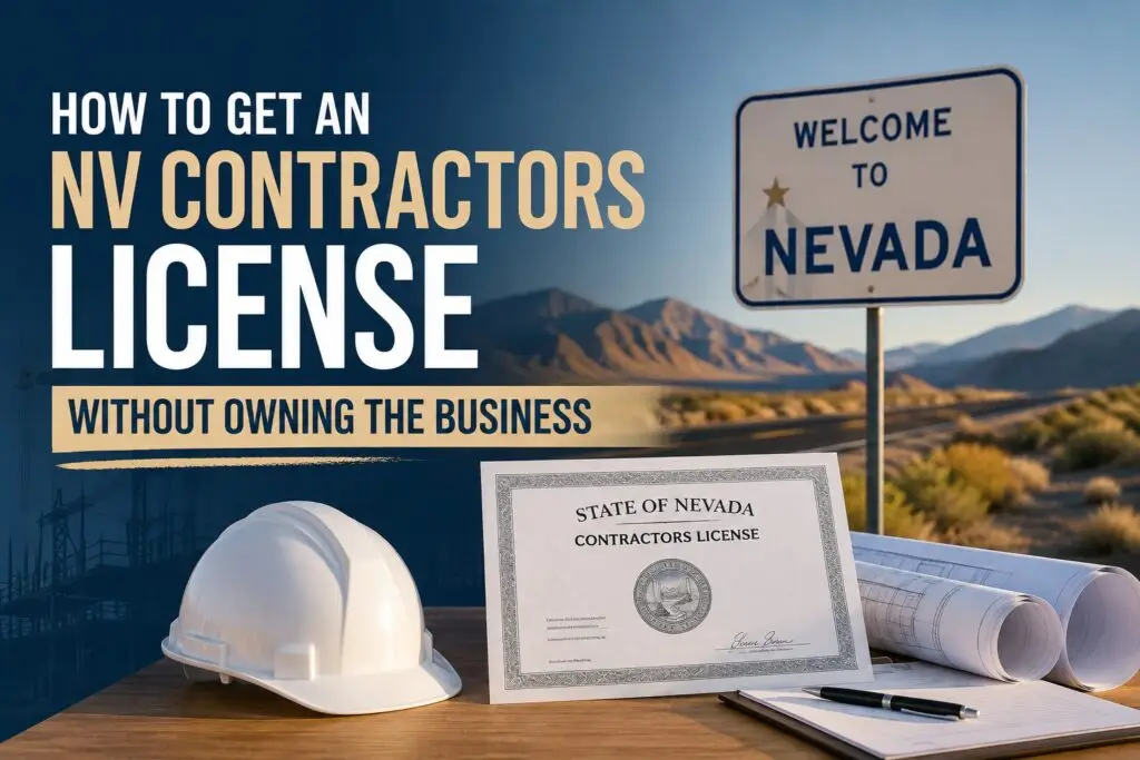 Welcome to Nevada road sign and a contractor license certificate, with the headline How to get an NV contractors license without owning the business