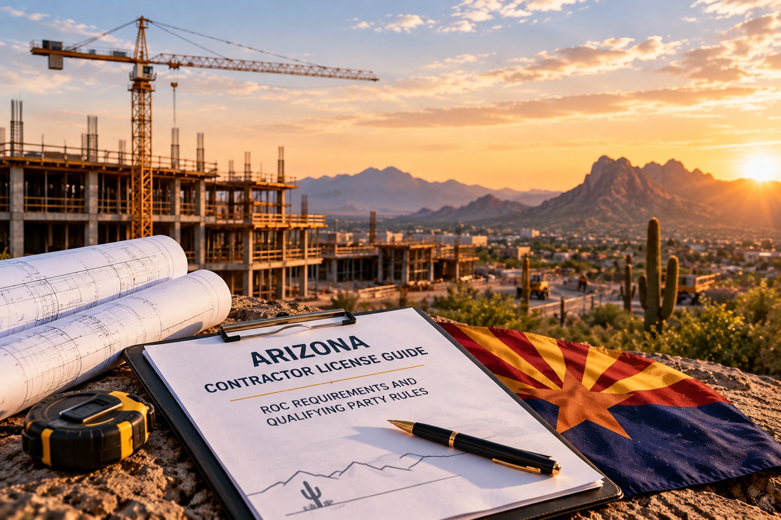 Blueprint and permit documents on a desk with an Arizona desert mountain skyline in the background, representing the Arizona contractor license guide
